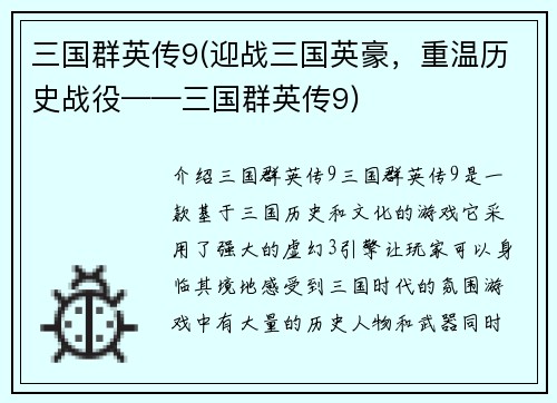 三国群英传9(迎战三国英豪，重温历史战役——三国群英传9)